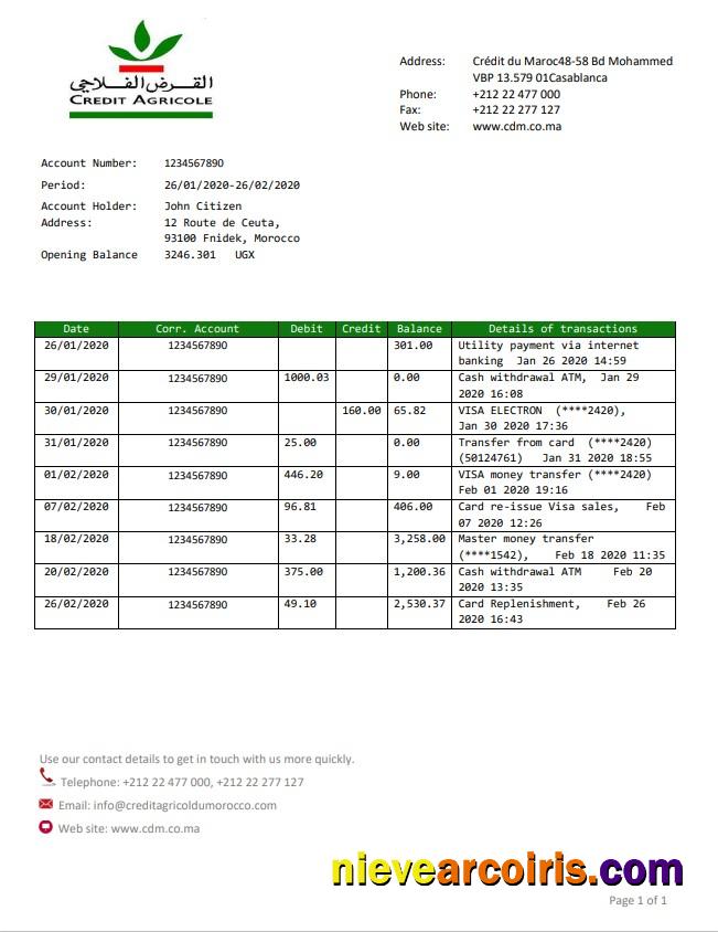Morocco Credit Agricole bank statement in Word and PDF format, good for address prove
